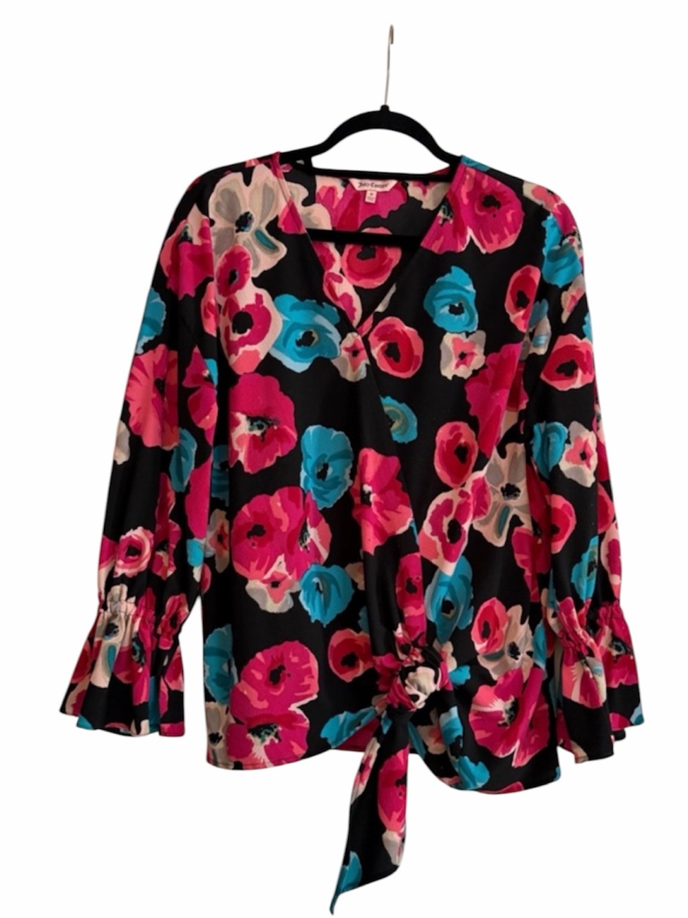Juicy Couture Black V-neck Blouse w/ watercolor Floral Print asymmetrical hem